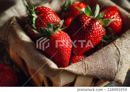 Juicy strawberries in rustic wicker basket on linen cloth Juicy strawberries in rustic wicker basket on linen cloth 126091059