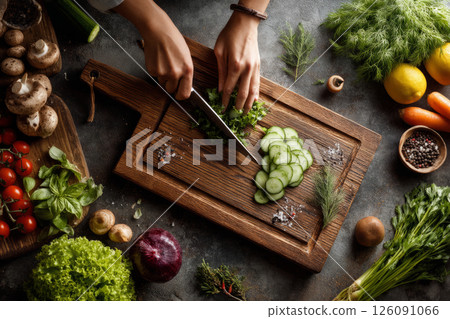 Slicing cucumber and herbs on wooden cutting board in kitchen 126091066