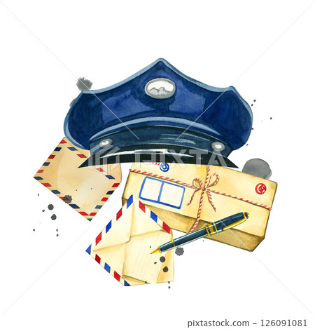 Watercolor composition for the Post Day, a signature postman's cap, letters and parcels in yellow wrapping, a pen for writing. All objects are hand-drawn with watercolors. Suitable for printing. 126091081