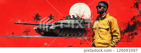 Empowering vintage-inspired image of Afroamerican soldier in full uniform by a modern tank, radiating strength, style, and national pride in classic pin-up poster fashion, banner 126091097