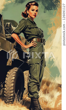 Full-length female soldier in infantry gear poses in front of a combat vehicle, styled as a bold 1950s pin-up poster with patriotic flair 126091127
