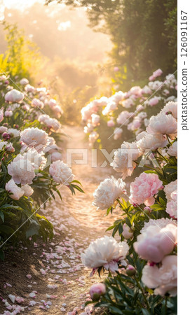 Soft pink and white peony bloom at dawn light a calm path, ideal for floral, garden, or peaceful nature content 126091167