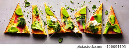 A beautifully plated frittata with broccoli, tangy goat cheese, and a golden Parmesan top. The bright ingredients stand out in a clean, minimalist food styling approach, banner 126091193
