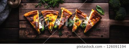 The golden frittata with broccoli, goat cheese, and Parmesan, arranged on a dark wooden surface. Moody lighting creates a warm, rustic atmosphere perfect for cozy entertaining, banner The golden frittata with broccoli, goat cheese, and Parmesan, arranged on a dark wooden surface. Moody lighting creates a warm, rustic atmosphere perfect for cozy entertaining, banner 126091194