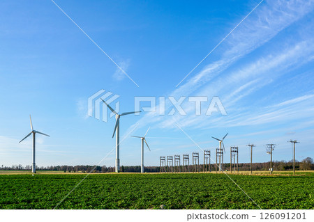 Tall wind turbines with power transmission line generating renewable energy amidst green fields 126091201