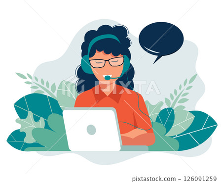 Customer service landing page. Person with headphones and microphone with laptop. Concept illustration for support, assistance, call center. Vector illustration in flat style Customer service landing page. Person with headphones and microphone with laptop. Concept illustration for support, assistance, call center. Vector illustration in flat style 126091259