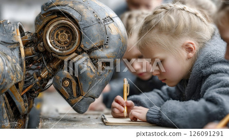 A futuristic humanoid robot interacts with curious schoolchildren in a modern classroom, symbolizing AI integration in education 126091291