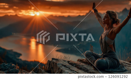 Woman practicing yoga at sunrise on a mountain cliff overlooking a peaceful lake and majestic landscape 126091292