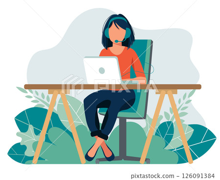 Home office concept, woman working from home, student or freelancer. Vector illustration in flat style Home office concept, woman working from home, student or freelancer. Vector illustration in flat style 126091384