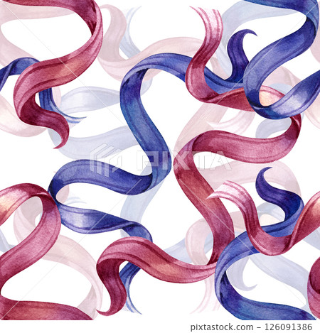 Hand drawn watercolor blue and pink ribbons. Seamless pattern. Valentines design for romantic invitations design, coquette core, girls decor. Hand drawn watercolor blue and pink ribbons. Seamless pattern. Valentines design for romantic invitations design, coquette core, girls decor. 126091386