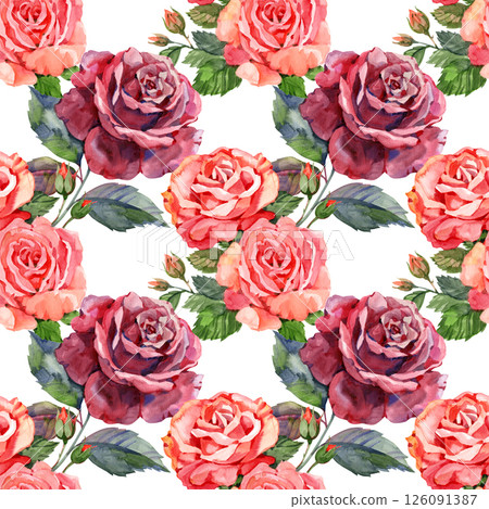 Watercolor red roses Seamless pattern hand drawn illustration. Texture for fabric, wrapping, wallpaper. Decorative print. 126091387