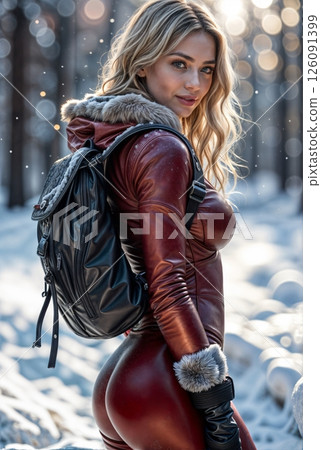 Portrait of a girl in a cherry-colored leather jumpsuit Portrait of a girl in a cherry-colored leather jumpsuit 126091399