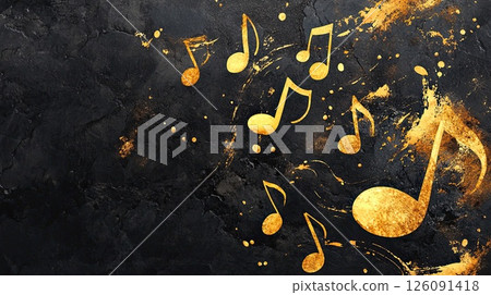 Sophisticated illustration of golden musical notes of varying sizes scattered on dark textured background with golden accents, suggesting music, elegance and artistic expression 126091418
