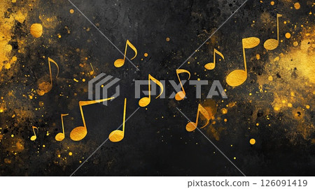 Elegant illustration of golden musical notes scattered on textured dark background with golden splatters, conveying themes of music, luxury and artistic flair 126091419
