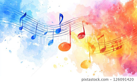 Watercolor illustration of musical notes on staff lines against a vibrant, flowing background of blues, oranges and pinks, conveying the essence of music, melody and artistic expression 126091420