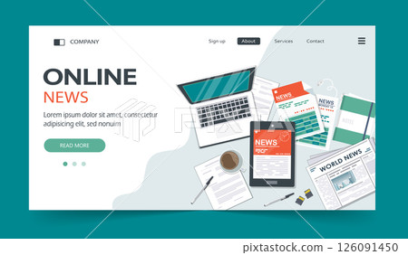 Vector illustration. Flat header. Online news. Newsletter and information. Business and market news. Financial report and coffee on table	 126091450