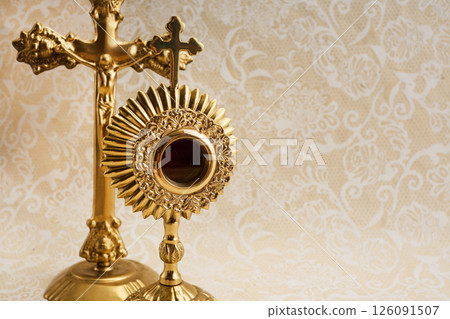 Corpus Christy concept. Golden monstrance Corpus Christy concept. Golden monstrance 126091507