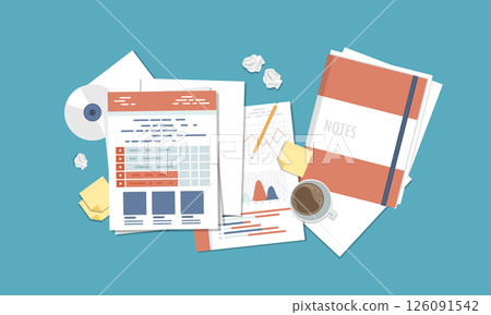 Business report. Accounting, research, data analysis, audit, calculation. Flat vector illustration Business report. Accounting, research, data analysis, audit, calculation. Flat vector illustration 126091542