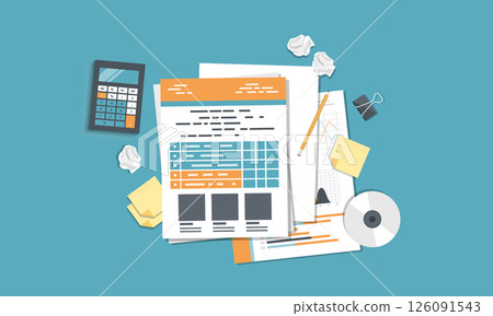 Business report. Accounting, research, data analysis, audit, calculation. Flat vector illustration	 126091543