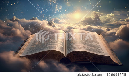 Open book with wisdow and knownedge on the pages. Education or religion concept in literature. Generated AI. 126091556