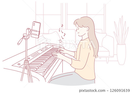 A Young Woman is Playing the Piano at Home while Recording on her Smartphone Device 126091639