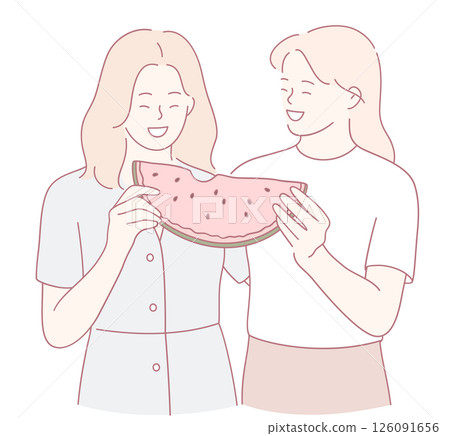 A group of friends happily sharing a refreshing watermelon slice during a sunny picnic A group of friends happily sharing a refreshing watermelon slice during a sunny picnic 126091656