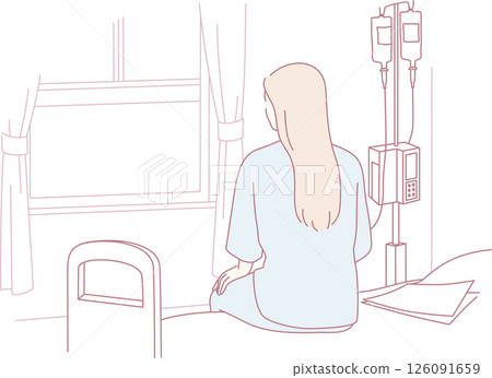 A young woman sits in a hospital room, reflecting by the window on her health journey 126091659