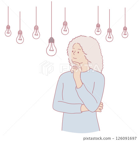 A Thoughtful Person Surrounded by Hanging Light Bulbs in a Bright and Calm Environment 126091697