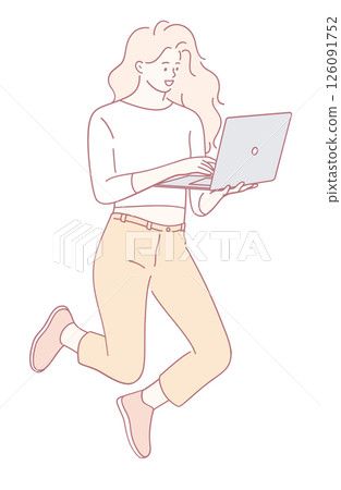 An enthusiastic woman joyfully using her laptop while happily jumping in the air An enthusiastic woman joyfully using her laptop while happily jumping in the air 126091752