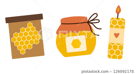 Set with beeswax elements. Jar with honey. Candle from beeswax. 126092178