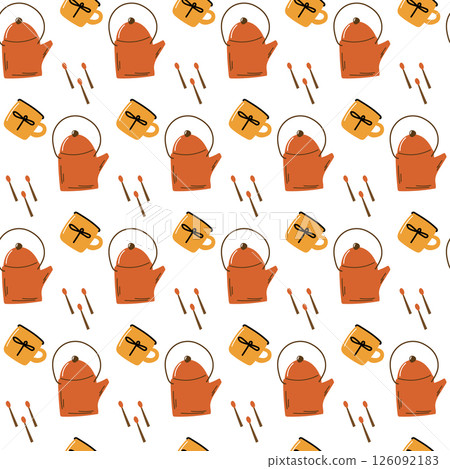 Kettle and mug seamless pattern. Camping pattern with teapot and cup. Kettle and mug seamless pattern. Camping pattern with teapot and cup. 126092183