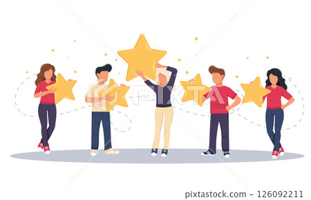 Concept of feedback, testimonials messages and notifications. Rating on customer service illustration. Five big stars with people sitting on them and giving reviews on their lap tops. Flat vector	 126092211