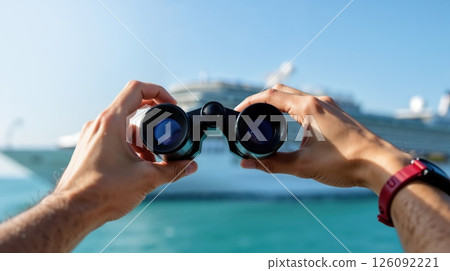 Hands holding binoculars with cruise ship in background 126092221