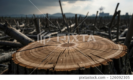 Deforestation stump foreground, barren landscape 126092305