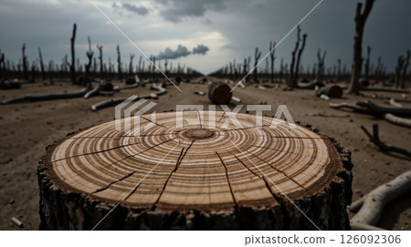 Deforestation stump, barren landscape, environmental impact, destruction 126092306