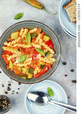 soup with macaroni, Minestrone. 126092314