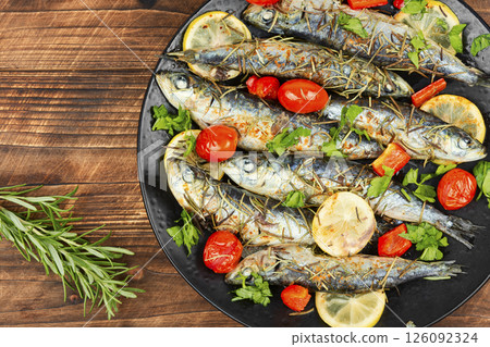 Grilled or baked sardines. 126092324