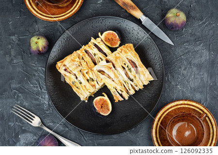 Summer filo pastry fruit dessert with figs. 126092335
