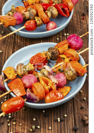 Vegetarian shashlik or kebab from vegetables. 126092340