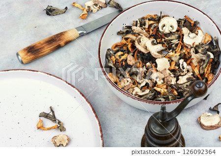 Dry wild mushrooms. Dry wild mushrooms. 126092364