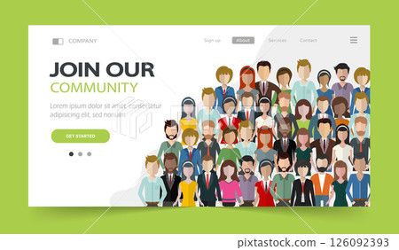Join our community. Crowd of united people as a business or creative community standing together. Flat concept vector website template and landing page design for invitation to summit or conference	 126092393