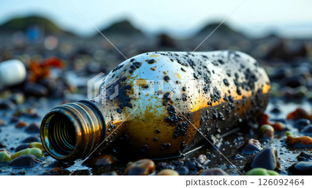 Polluted beach with oil-covered plastic bottle and debris 126092464