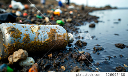 Dirty plastic bottle on polluted shore with scattered waste Dirty plastic bottle on polluted shore with scattered waste 126092488