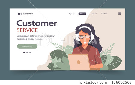 Online assistant landing page. Woman with headphones with computer. Concept illustration for support, assistance, call center. Technical support. Virtual help service. Vector illustration in flat. Online assistant landing page. Woman with headphones with computer. Concept illustration for support, assistance, call center. Technical support. Virtual help service. Vector illustration in flat. 126092505