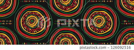 African geometric seamless pattern with hand drawn curved circles. Abstract ethnic horizontal background with ornament. Juneteenth celebration background. Vector doodle illustration. 126092516