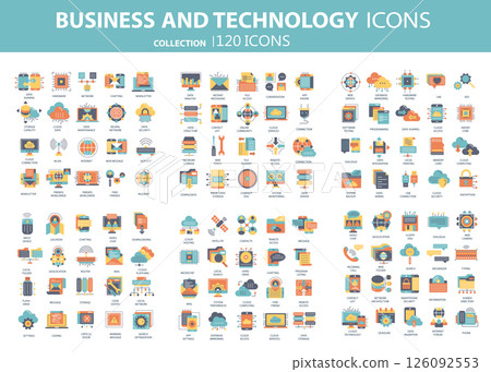 Business and marketing, programming, data management, internet connection, social network, computing, information. Icons set. Flat vector illustration Business and marketing, programming, data management, internet connection, social network, computing, information. Icons set. Flat vector illustration 126092553