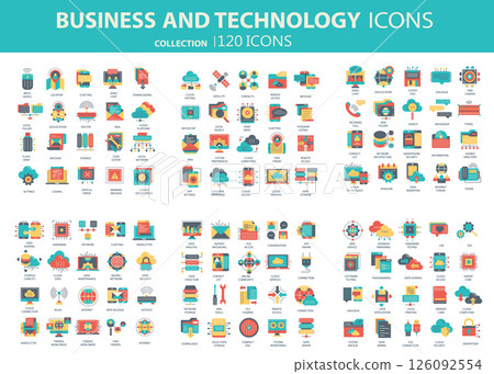 Business and marketing, programming, data management, internet connection, social network, computing, information. Icons set. Flat vector illustration Business and marketing, programming, data management, internet connection, social network, computing, information. Icons set. Flat vector illustration 126092554