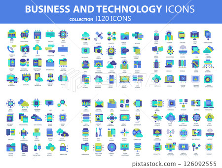Business and marketing, programming, data management, internet connection, social network, computing, information. Icons set. Flat vector illustration Business and marketing, programming, data management, internet connection, social network, computing, information. Icons set. Flat vector illustration 126092555