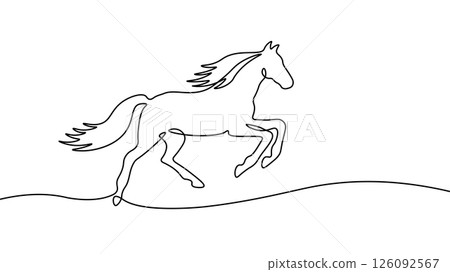 Black horse jumps gracefully. Mane tail legs detailed with smooth continuous line. Equine themed branding logo design. Simple line art style with plain white background vector illustration Black horse jumps gracefully. Mane tail legs detailed with smooth continuous line. Equine themed branding logo design. Simple line art style with plain white background vector illustration 126092567