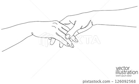 Holding hands line art illustration. Woman fingers gentle touch shown. Relationship wedding invitations, or therapy websites. Minimalist style, top-down view, clean white background Holding hands line art illustration. Woman fingers gentle touch shown. Relationship wedding invitations, or therapy websites. Minimalist style, top-down view, clean white background 126092568